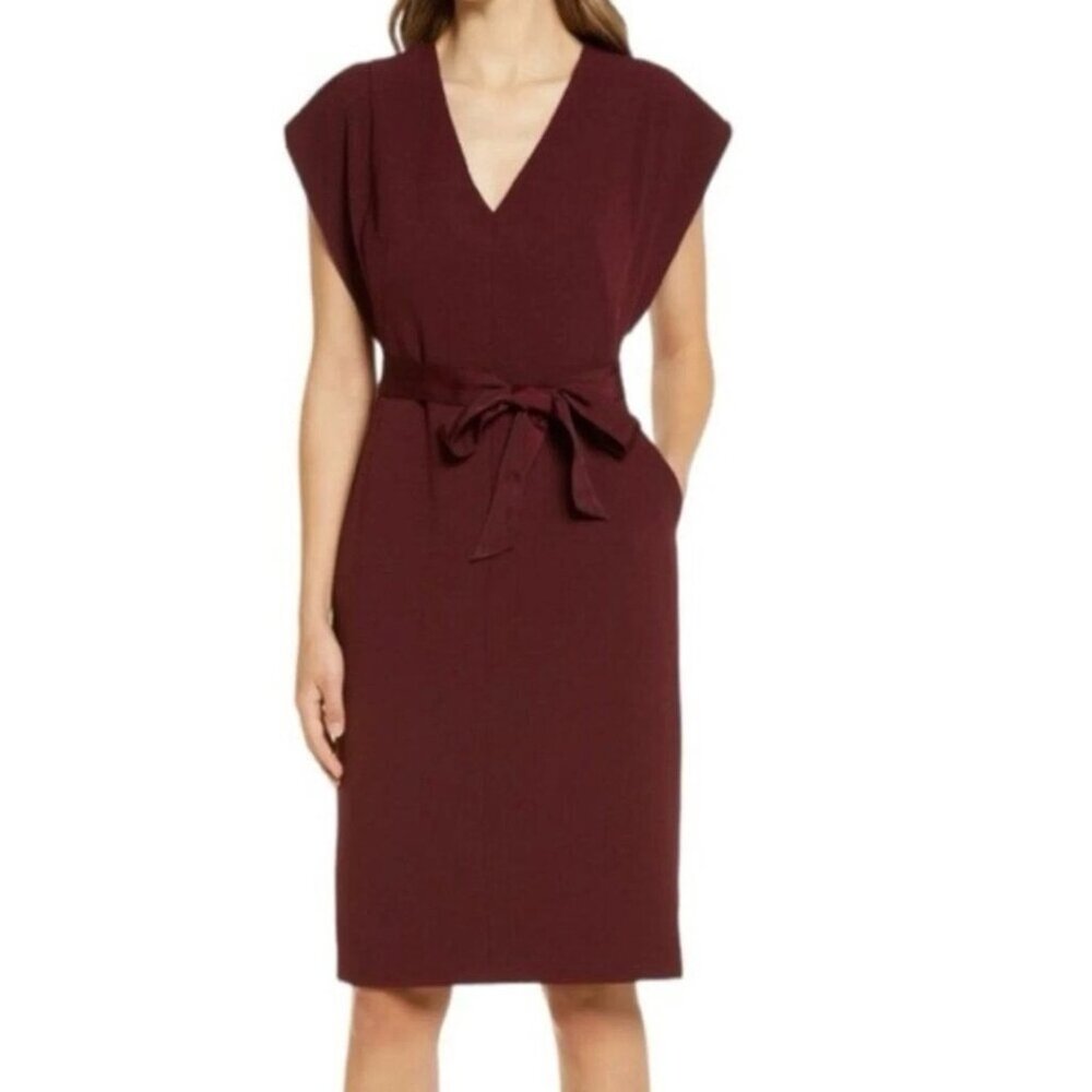Eliza J Dress Burgundy V Neck Belted Sheath Ruffle Sleeve